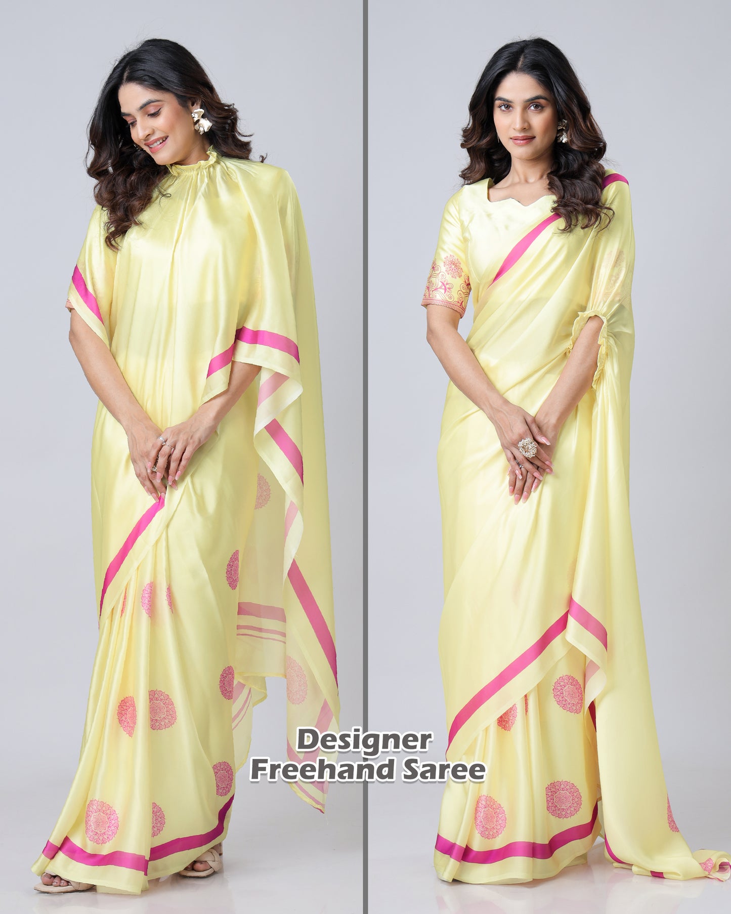 Crayola Yellow Mandalaa Printt Contrast Border Freehand Saree