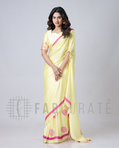 Crayola Yellow Mandalaa Print Contrast Border Freehand Saree