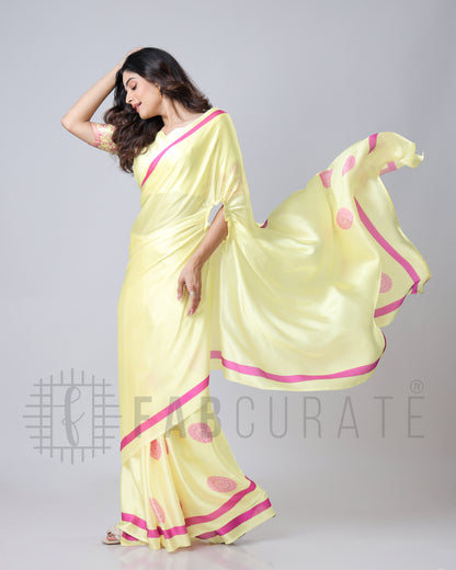 Crayola Yellow Mandalaa Print Contrast Border Freehand Saree