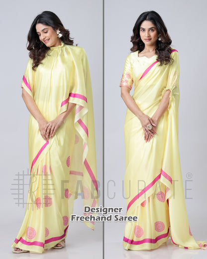 Crayola Yellow Mandalaa Print Contrast Border Freehand Saree