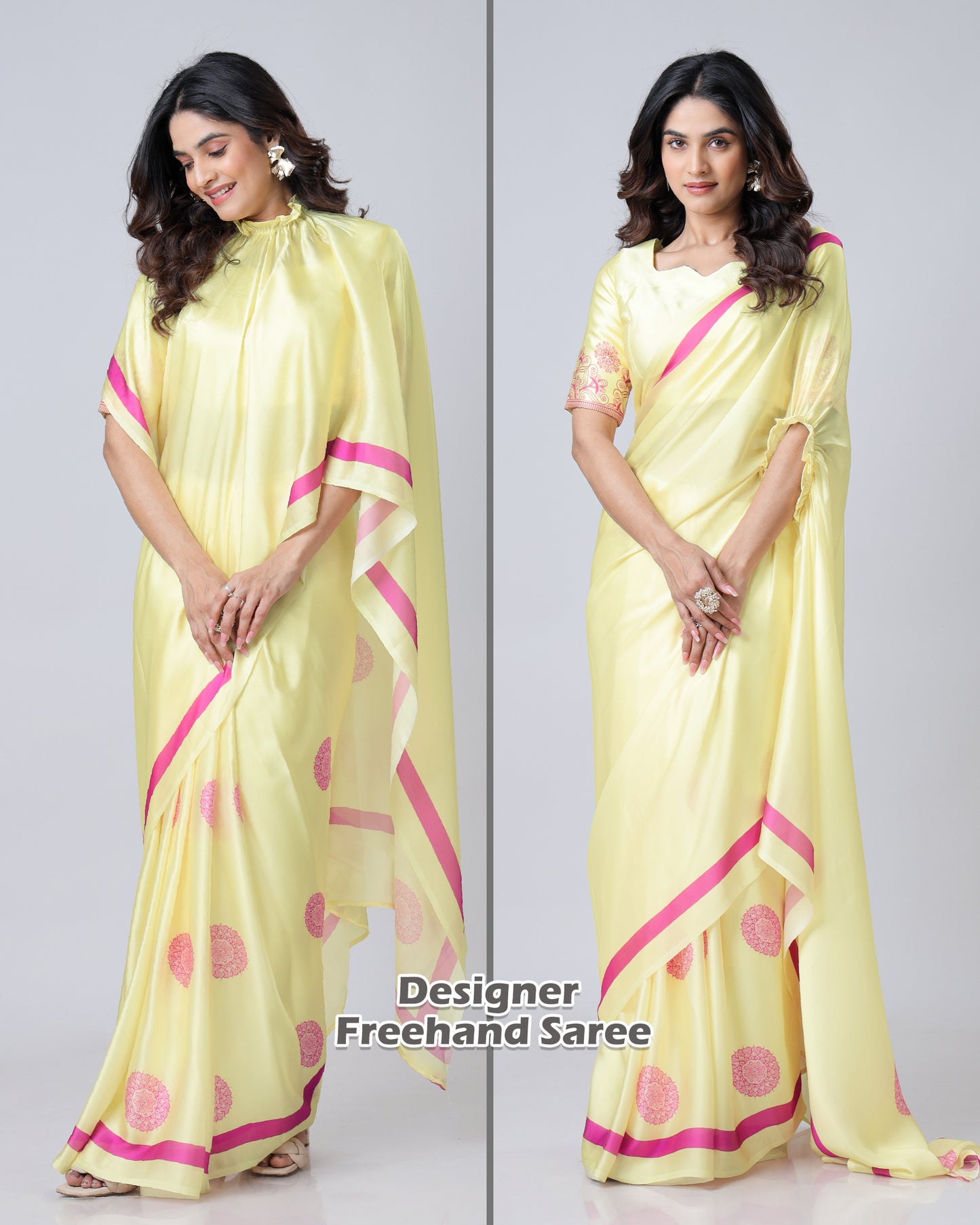 Crayola Yellow Mandalaa Print Contrast Border Freehand Saree