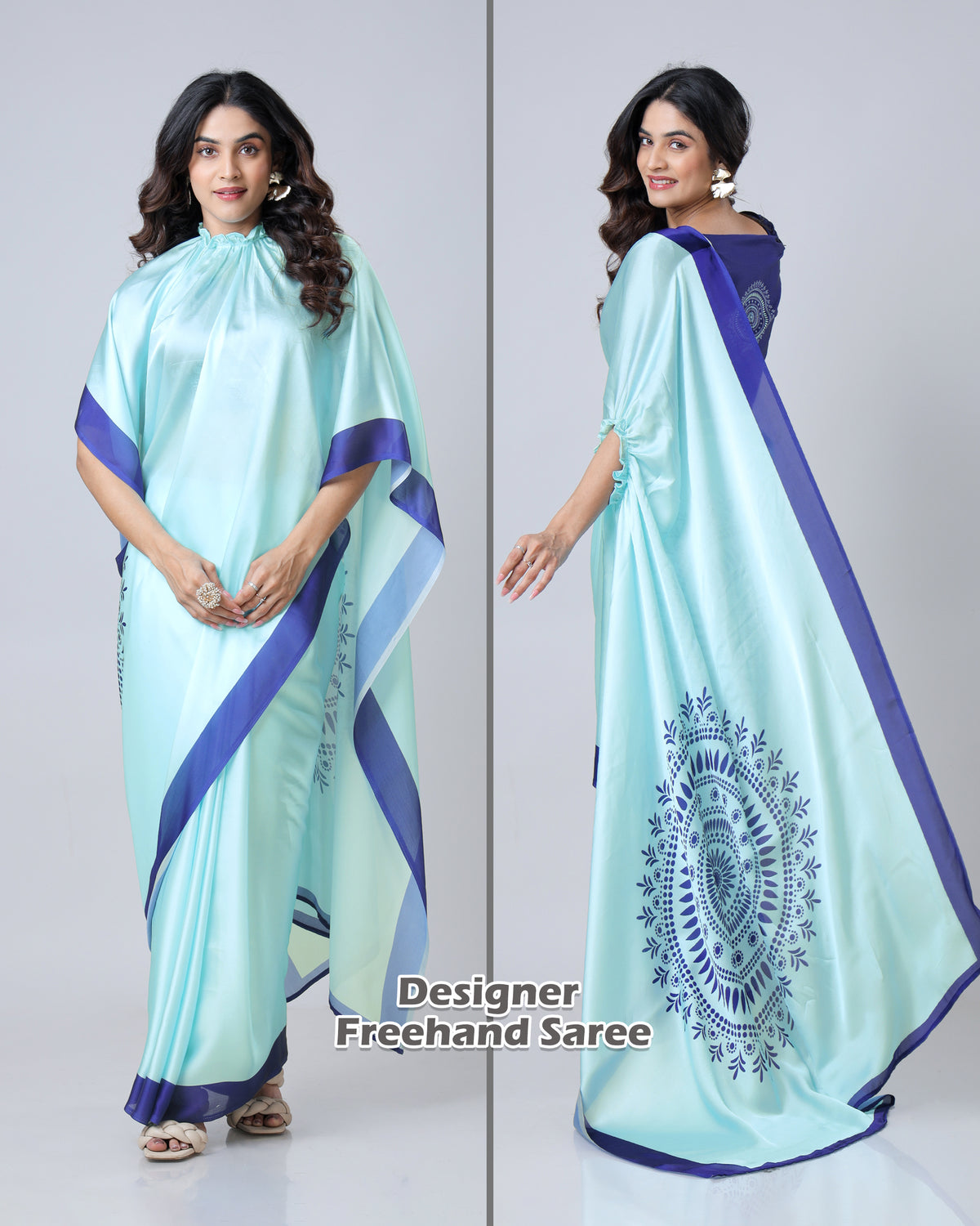 Light Blue Mandalaa Print Contrast Border Freehand Saree