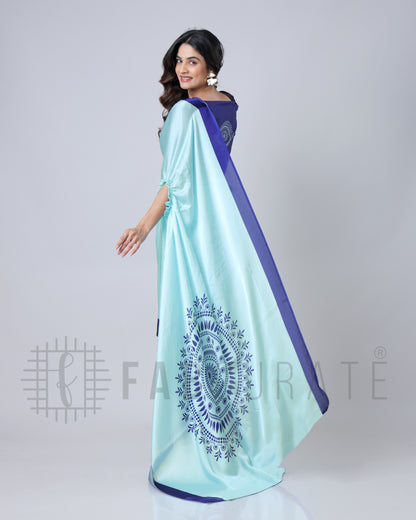 Light Blue Mandalaa Print Contrast Border Freehand Saree