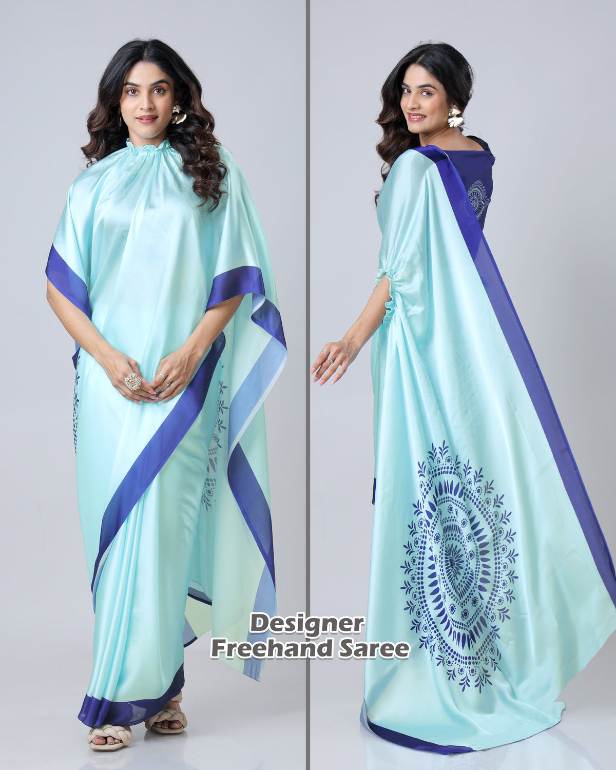 Light Blue Mandalaa Print Contrast Border Freehand Saree