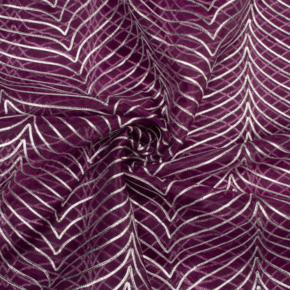 Wine Silver Zari Chevron Embroidery On Organza Fabric