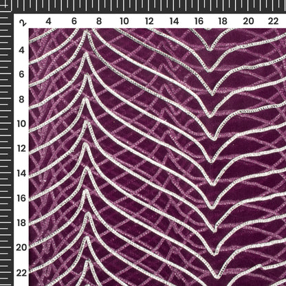 Wine Silver Zari Chevron Embroidery On Organza Fabric
