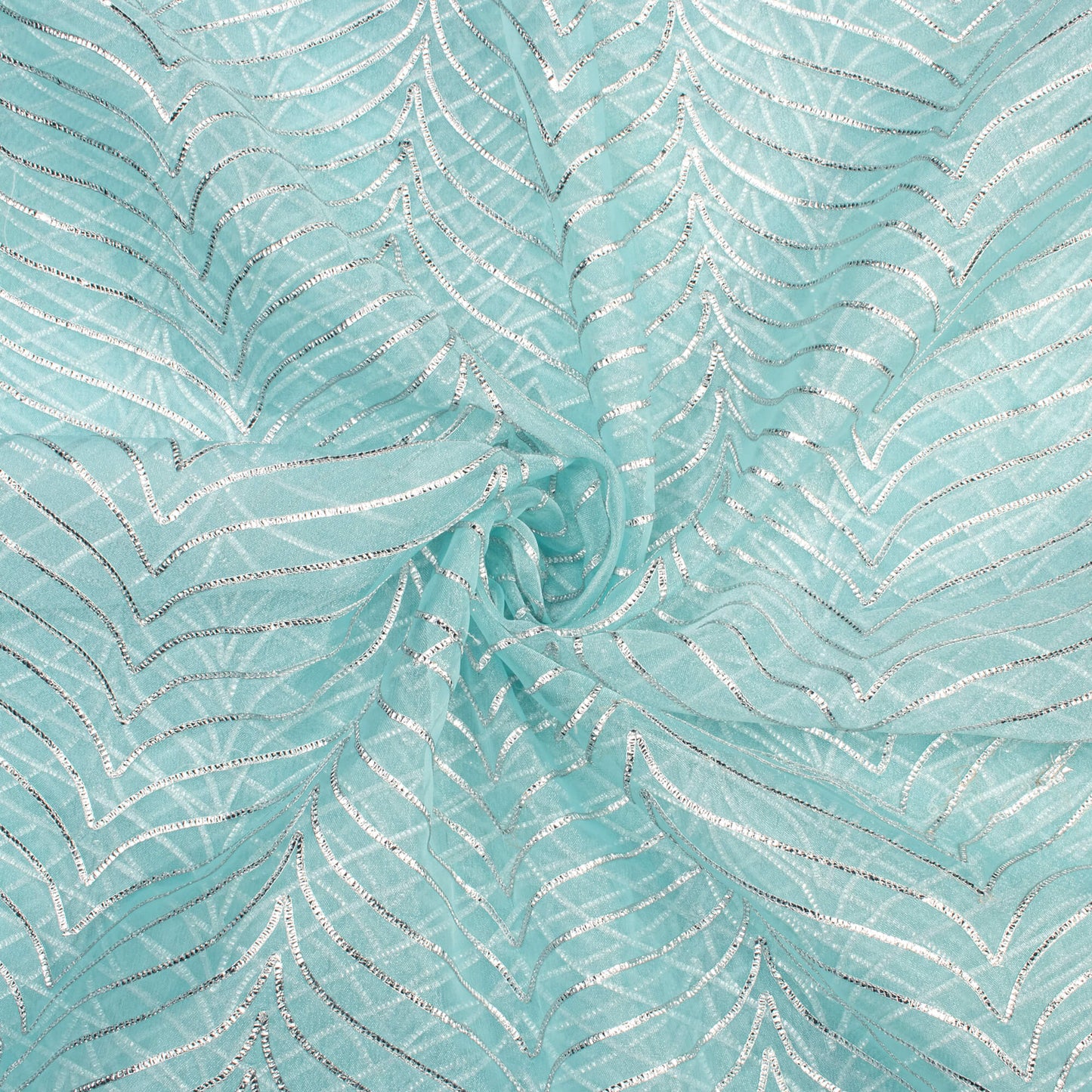 Sky Blue Silver Zari Chevron Embroidery On Organza Fabric