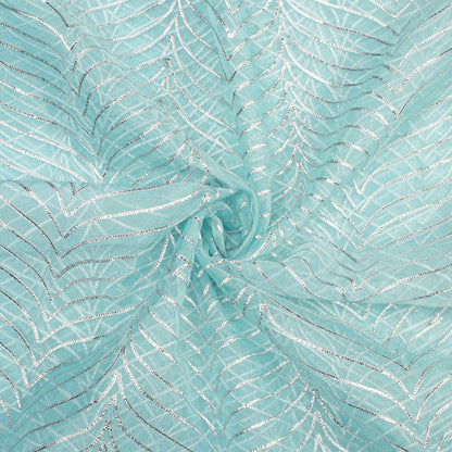 Sky Blue Silver Zari Chevron Embroidery On Organza Fabric