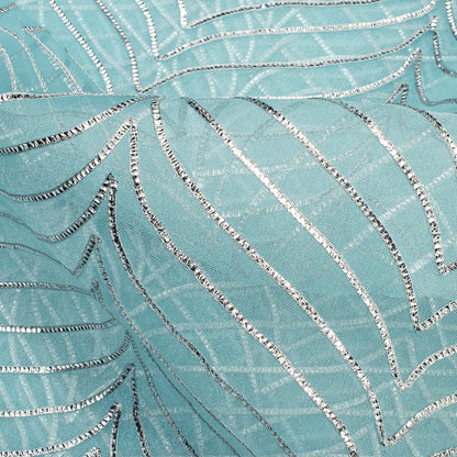 Sky Blue Silver Zari Chevron Embroidery On Organza Fabric