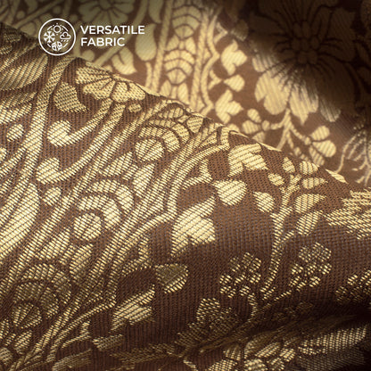 Brown And Golden Booti Zari Jacquard Work Banarasi Silk Fabric