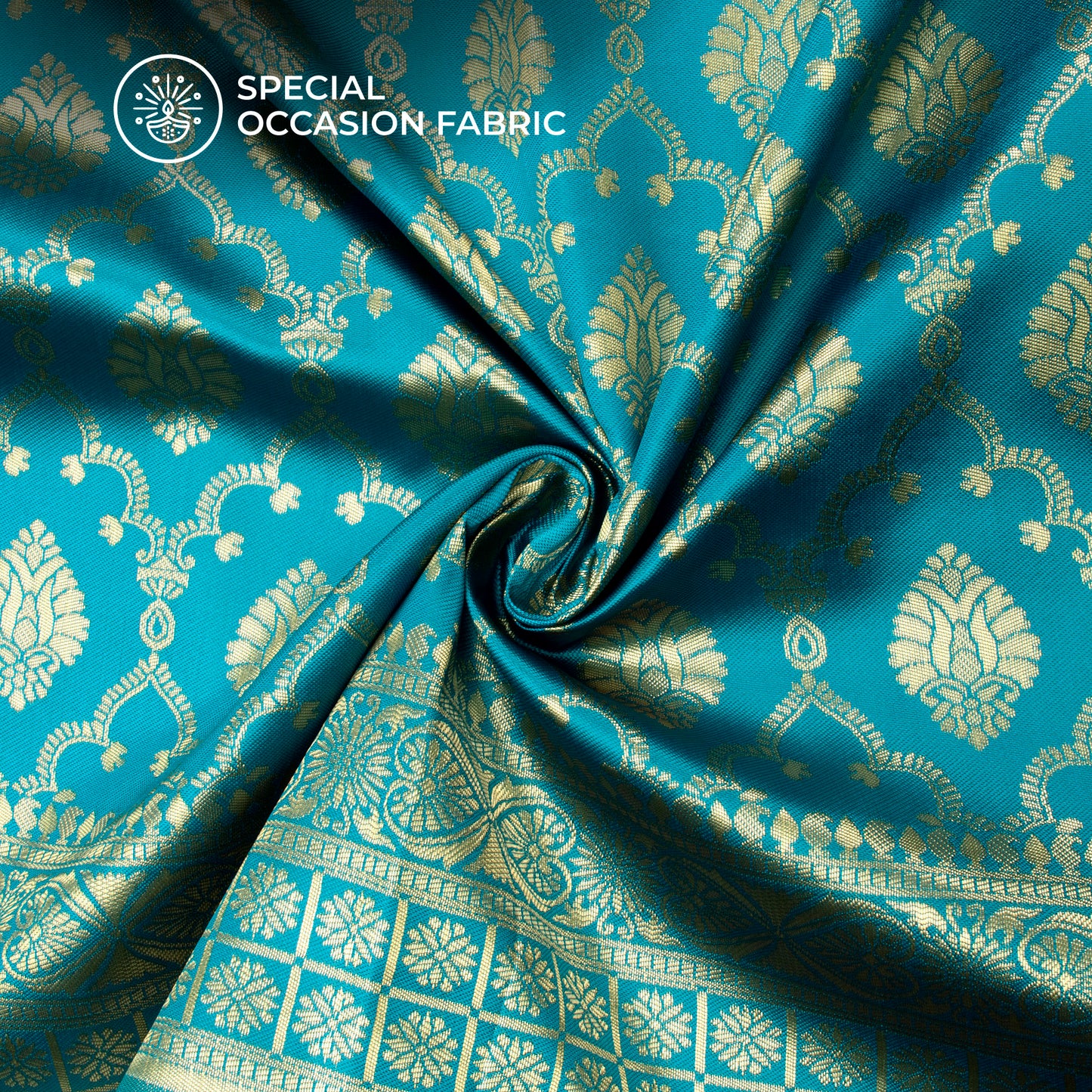 Cerulean Bule And Golden Paisley Zari Jacquard Work Banarasi Silk Fabric