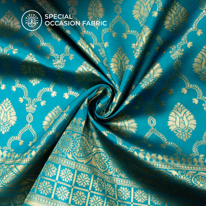 Cerulean Bule And Golden Paisley Zari Jacquard Work Banarasi Silk Fabric