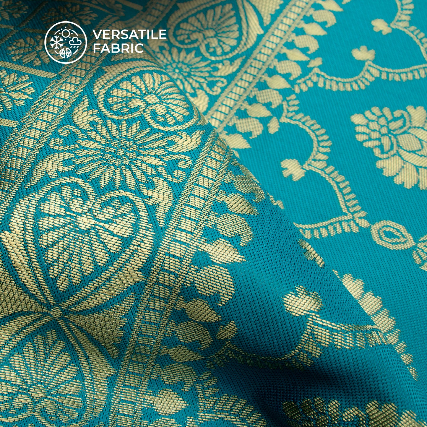 Cerulean Bule And Golden Paisley Zari Jacquard Work Banarasi Silk Fabric