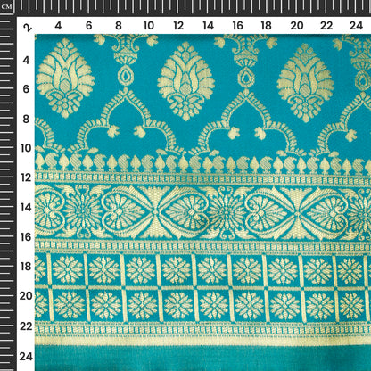 Cerulean Bule And Golden Paisley Zari Jacquard Work Banarasi Silk Fabric