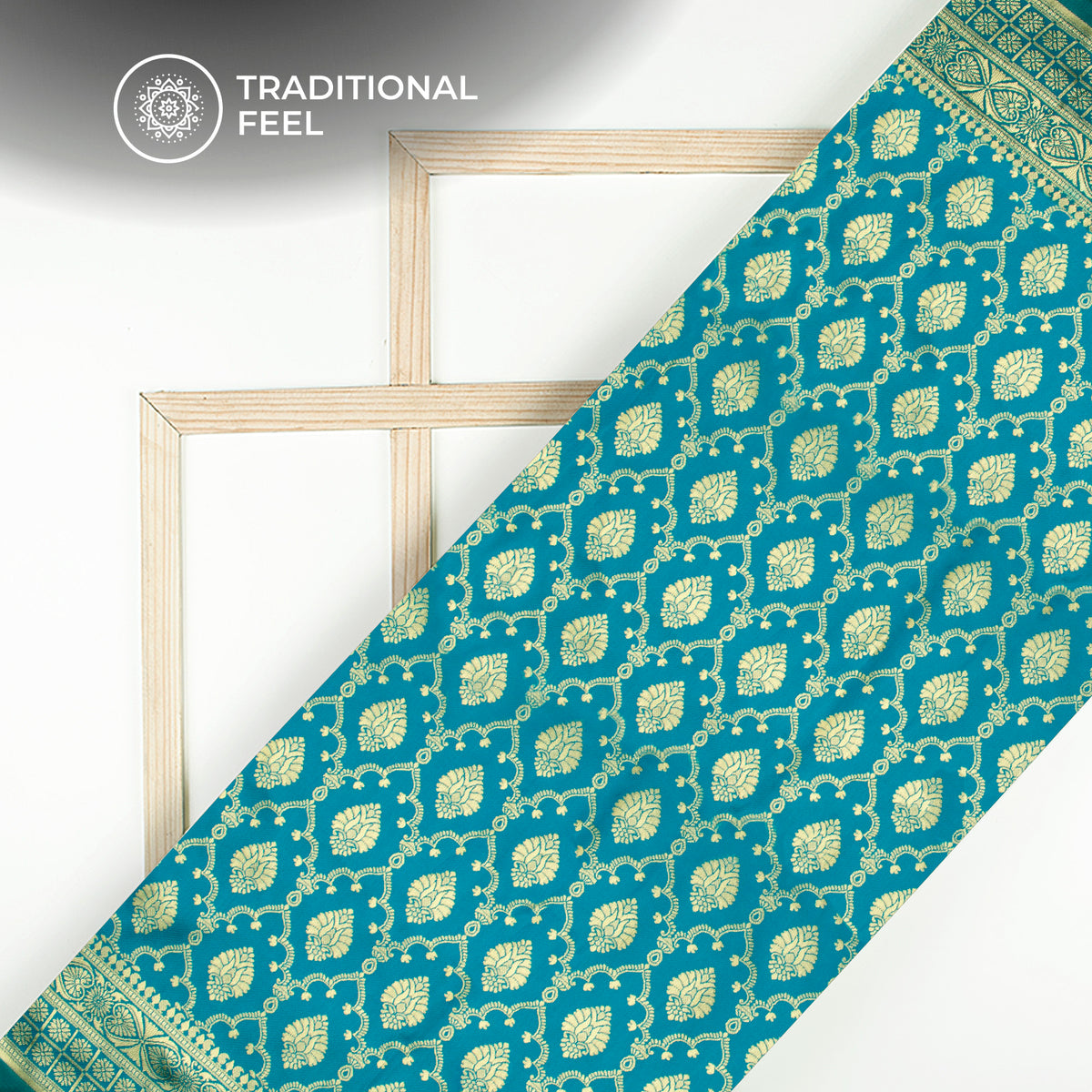Cerulean Bule And Golden Paisley Zari Jacquard Work Banarasi Silk Fabric