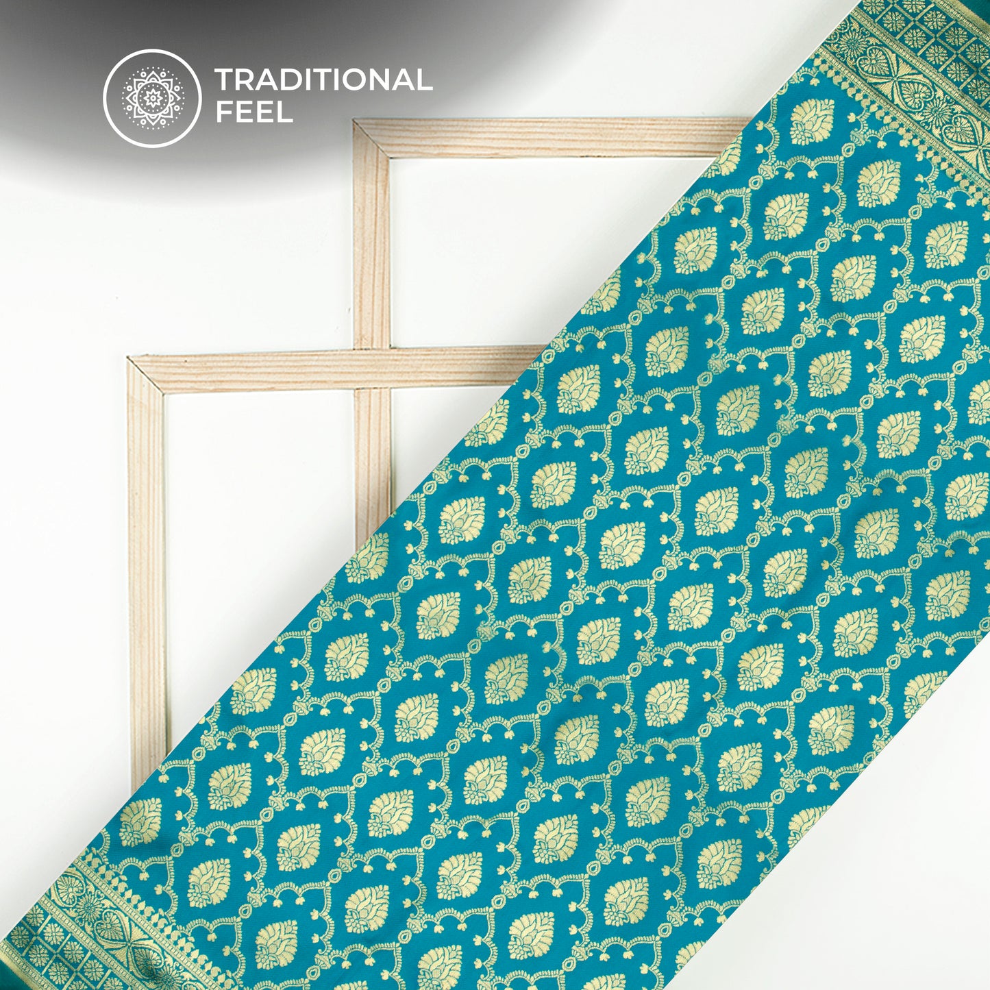Cerulean Bule And Golden Paisley Zari Jacquard Work Banarasi Silk Fabric