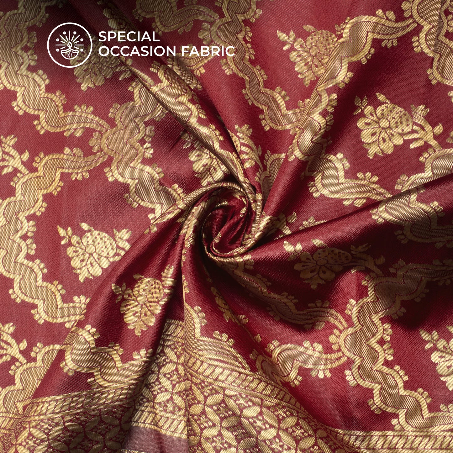 Cherry Red And Golden Floral Zari Jacquard Work Banarasi Silk Fabric