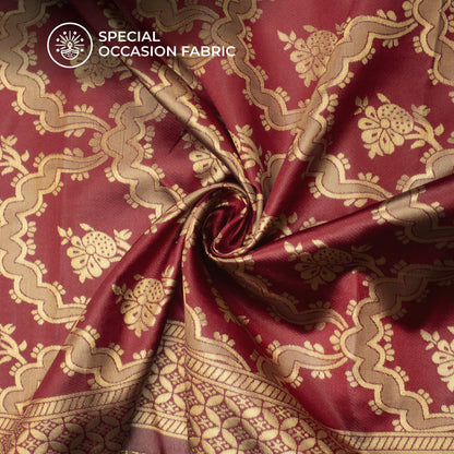 Cherry Red And Golden Floral Zari Jacquard Work Banarasi Silk Fabric