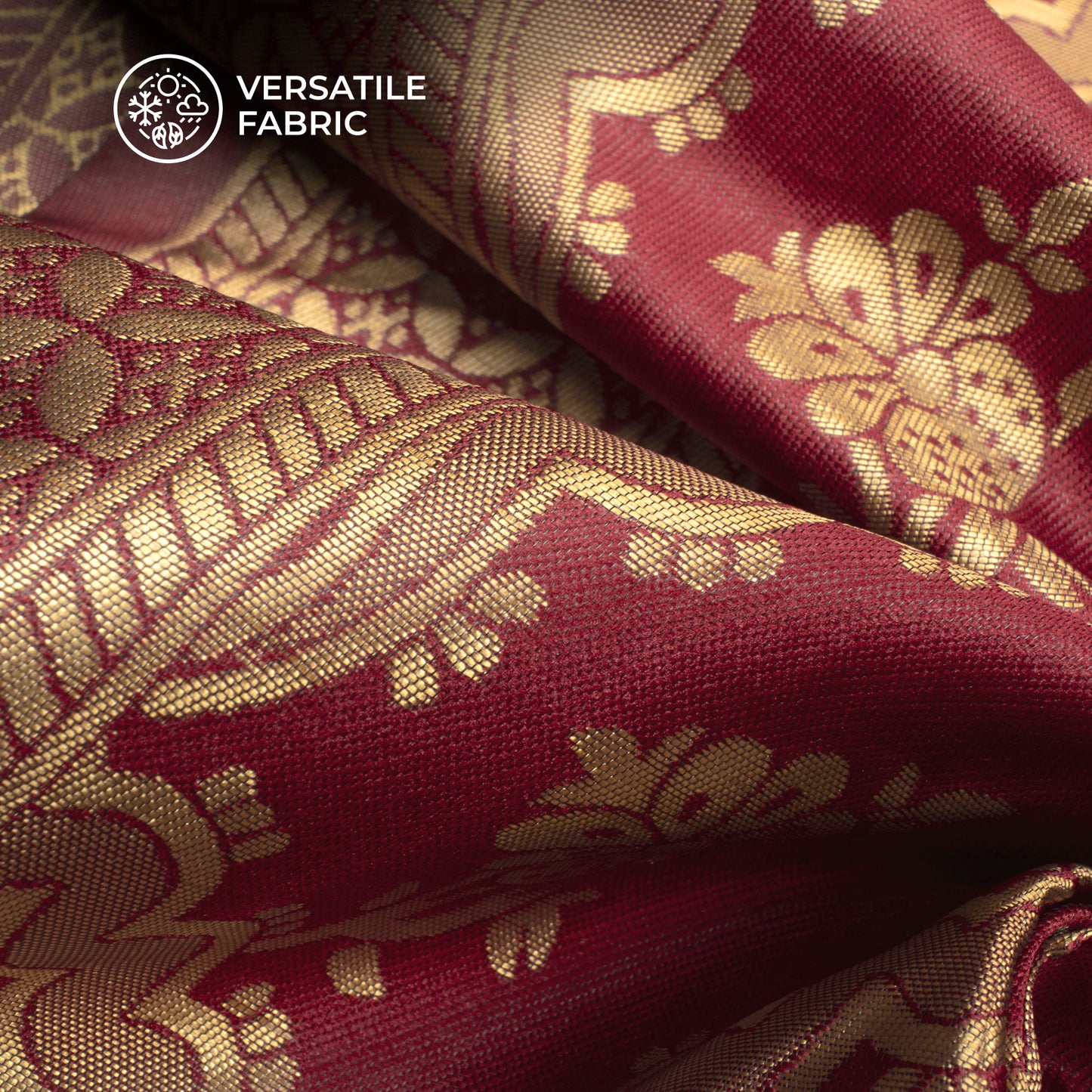 Cherry Red And Golden Floral Zari Jacquard Work Banarasi Silk Fabric