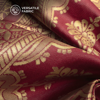 Cherry Red And Golden Floral Zari Jacquard Work Banarasi Silk Fabric