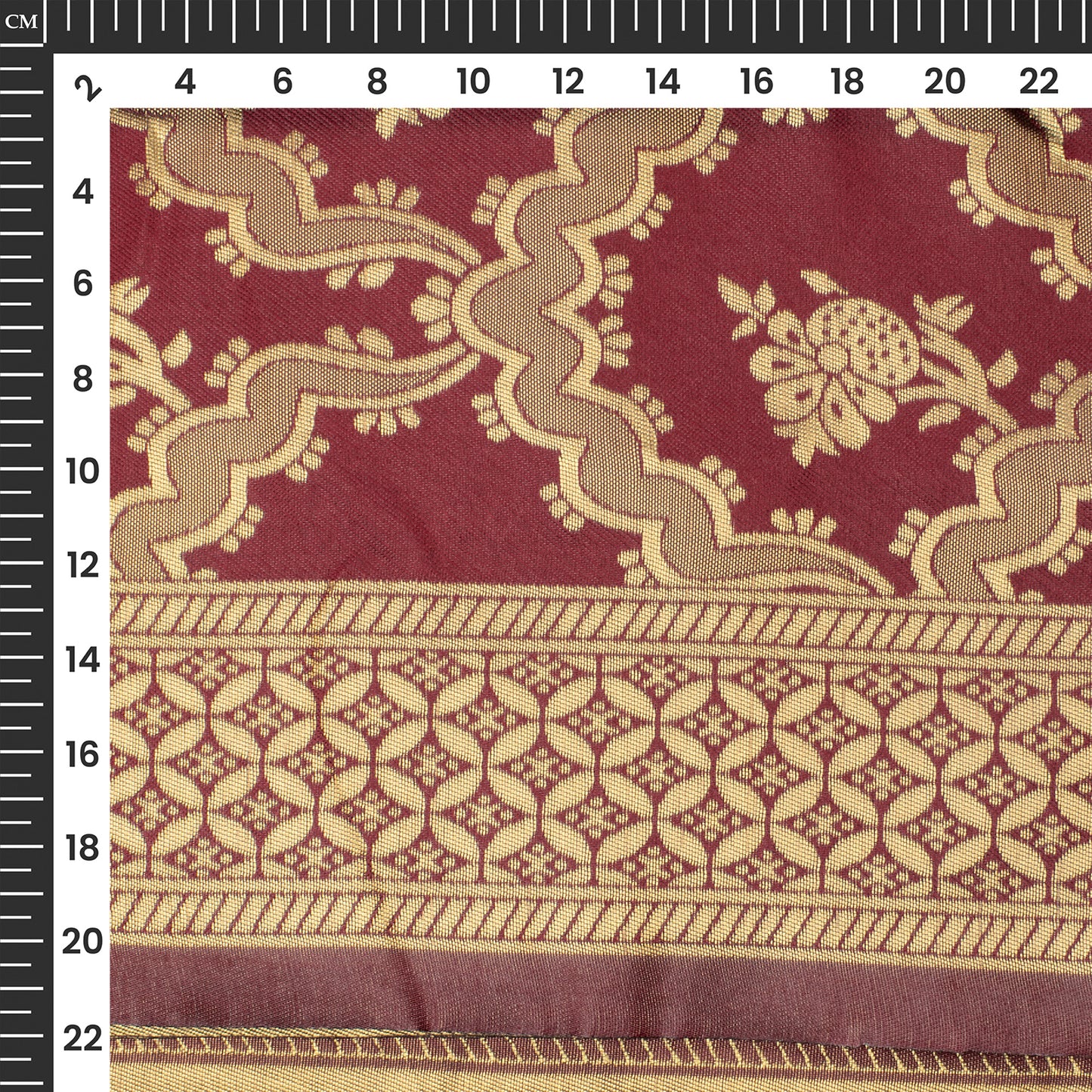 Cherry Red And Golden Floral Zari Jacquard Work Banarasi Silk Fabric
