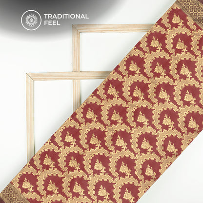 Cherry Red And Golden Floral Zari Jacquard Work Banarasi Silk Fabric