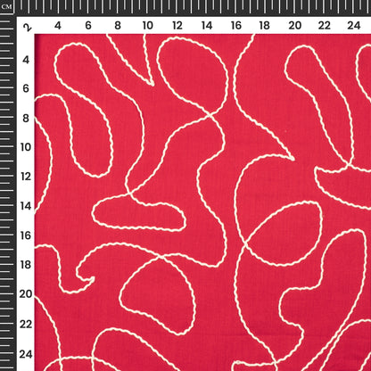 Cherry Red Embroidery Threadwork Plain Pure Cotton Fabric