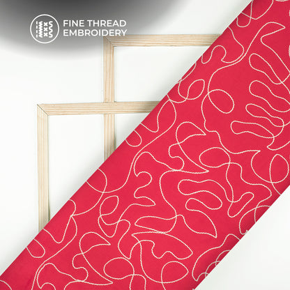 Cherry Red Embroidery Threadwork Plain Pure Cotton Fabric