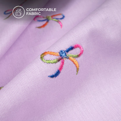 Wisteria Multicolor Bow Embroidery Threadwork Plain Pure Cotton Fabric