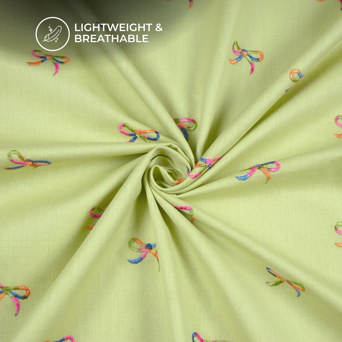 Pale Green Multicolor Bow Embroidery Threadwork Plain Pure Cotton Fabric