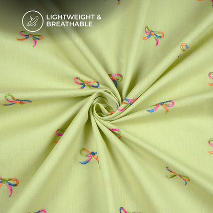 Pale Green Multicolor Bow Embroidery Threadwork Plain Pure Cotton Fabric