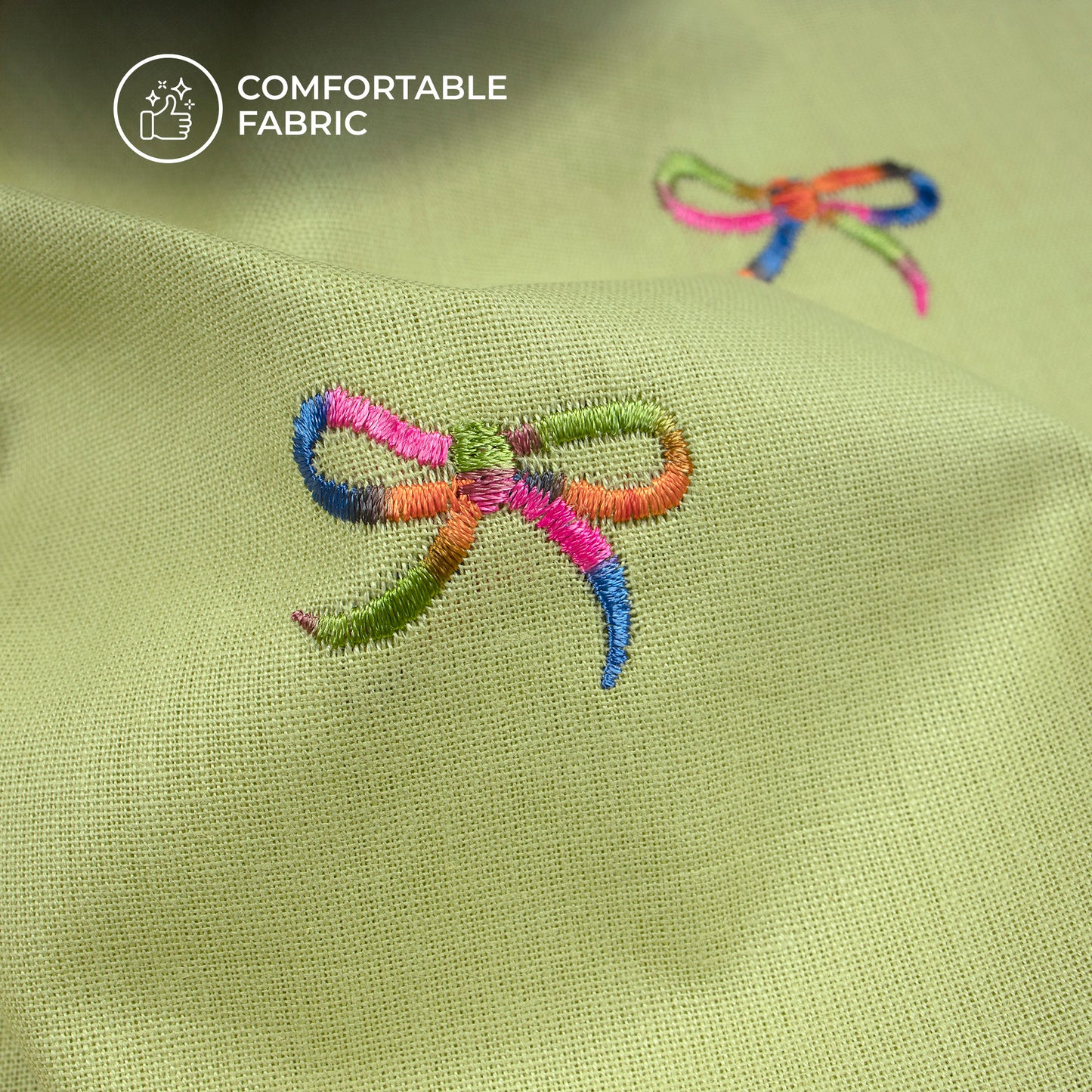 Pale Green Multicolor Bow Embroidery Threadwork Plain Pure Cotton Fabric