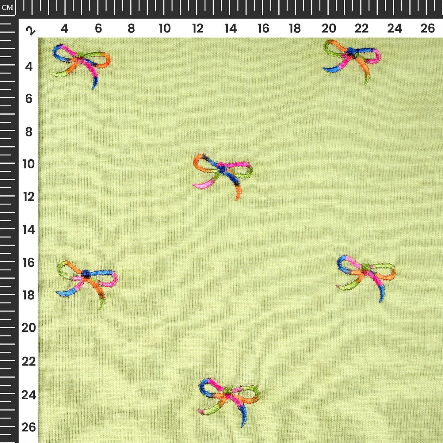 Pale Green Multicolor Bow Embroidery Threadwork Plain Pure Cotton Fabric