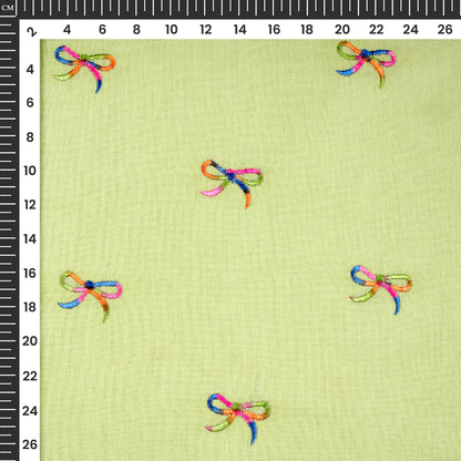 Pale Green Multicolor Bow Embroidery Threadwork Plain Pure Cotton Fabric