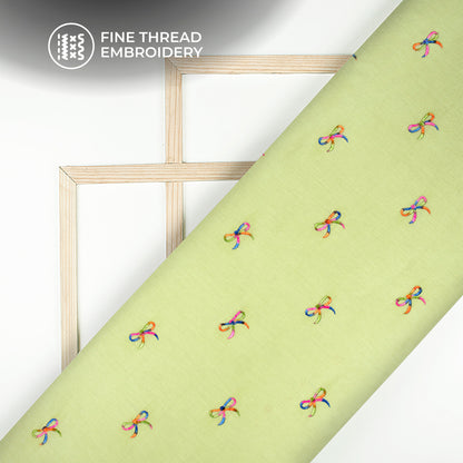 Pale Green Multicolor Bow Embroidery Threadwork Plain Pure Cotton Fabric