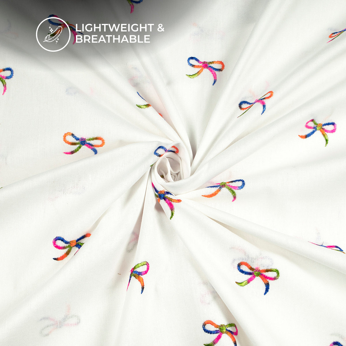White Multicolor Bow Embroidery Threadwork Plain Pure Cotton Fabric