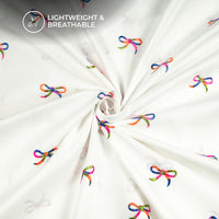 White Multicolor Bow Embroidery Threadwork Plain Pure Cotton Fabric