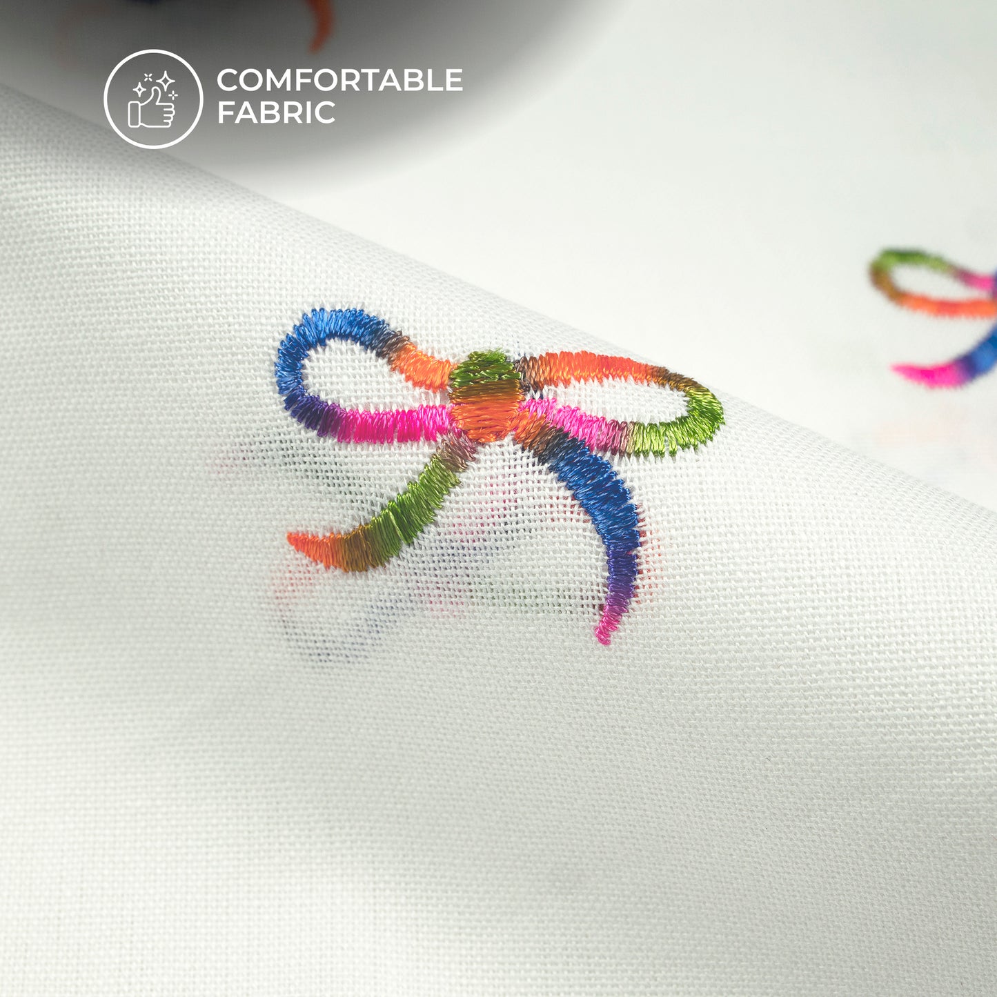 White Multicolor Bow Embroidery Threadwork Plain Pure Cotton Fabric