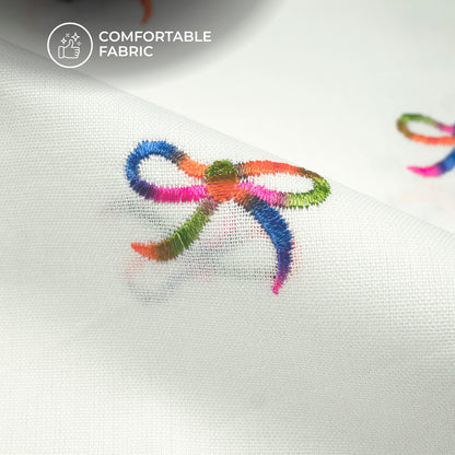 White Multicolor Bow Embroidery Threadwork Plain Pure Cotton Fabric