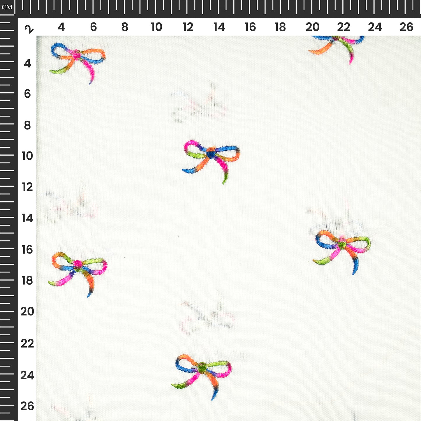White Multicolor Bow Embroidery Threadwork Plain Pure Cotton Fabric