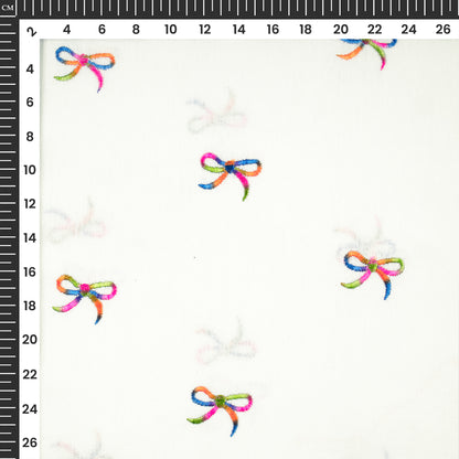 White Multicolor Bow Embroidery Threadwork Plain Pure Cotton Fabric