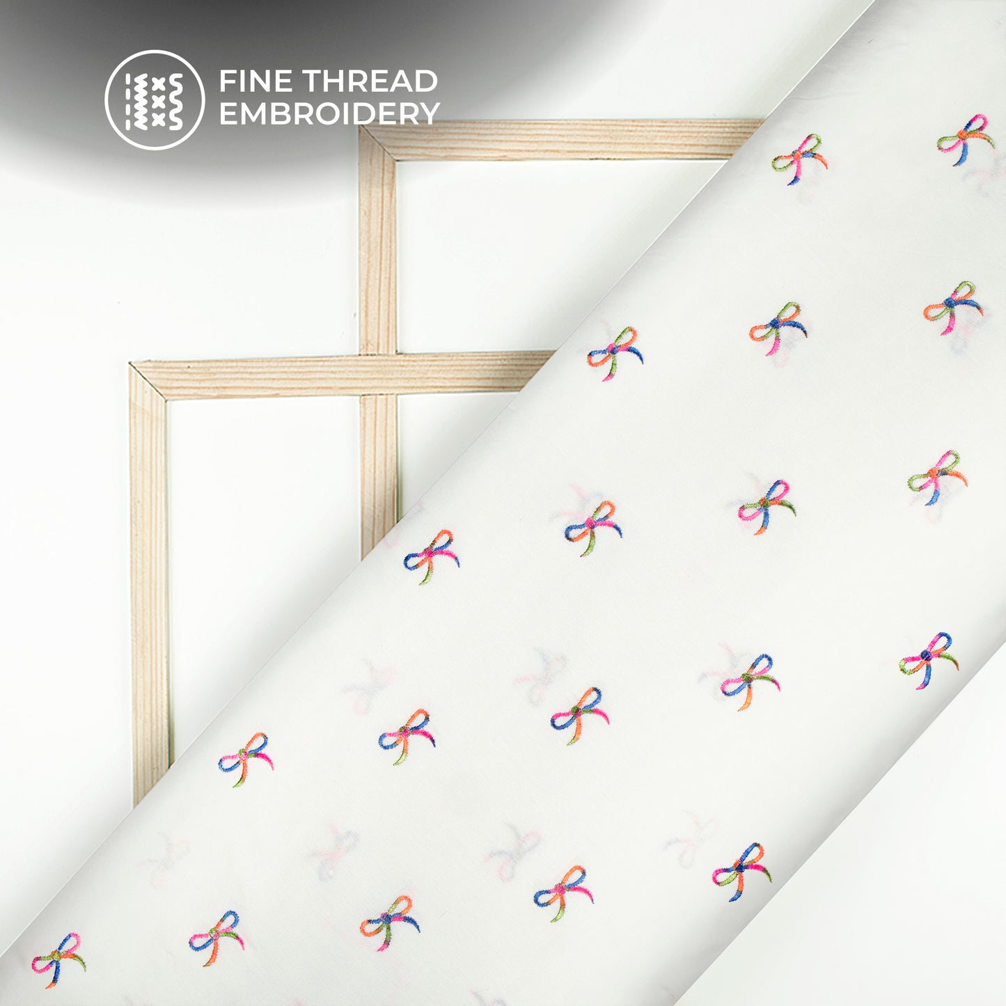 White Multicolor Bow Embroidery Threadwork Plain Pure Cotton Fabric