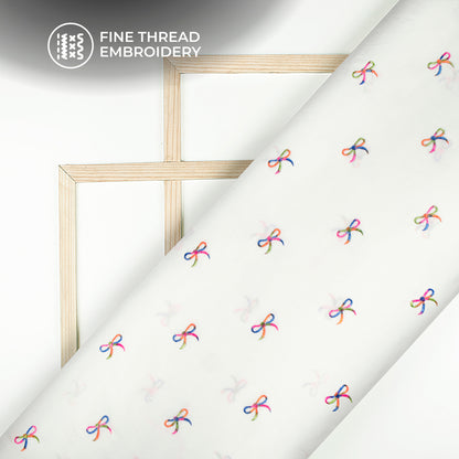 White Multicolor Bow Embroidery Threadwork Plain Pure Cotton Fabric