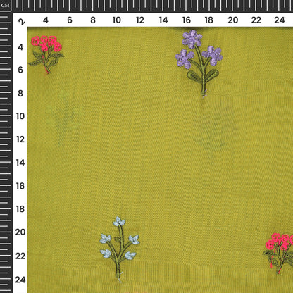 Classic Sprint Yellow Floral Thread Work Mul Chanderi Fabric (Width 58 Inches)