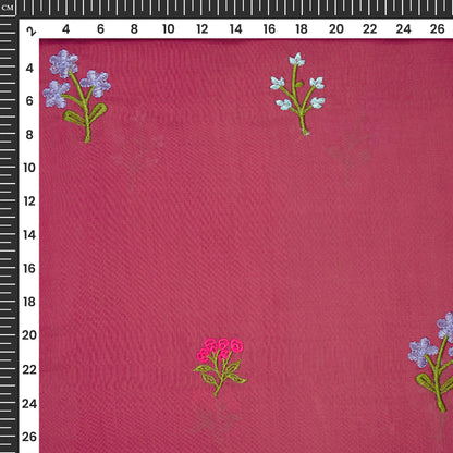 Classic Rough Pink Floral Thread Work Mul Chanderi Fabric (Width 58 Inches)