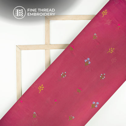 Classic Rough Pink Floral Thread Work Mul Chanderi Fabric (Width 58 Inches)
