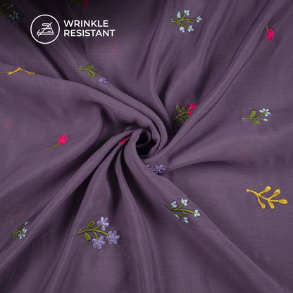 Classic Heather Purple Floral Thread Work Mul Chanderi Fabric (Width 58 Inches)