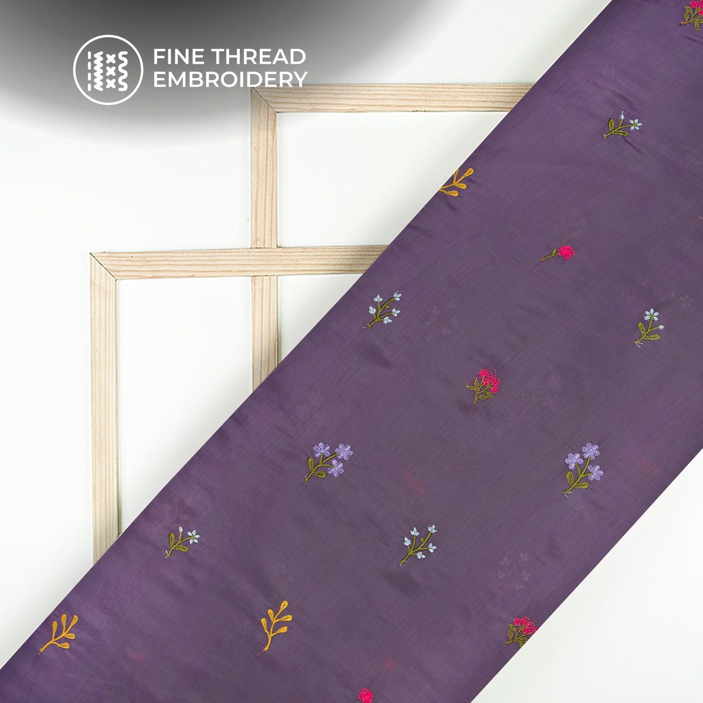 Classic Heather Purple Floral Thread Work Mul Chanderi Fabric (Width 58 Inches)