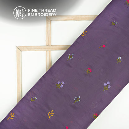 Classic Heather Purple Floral Thread Work Mul Chanderi Fabric (Width 58 Inches)