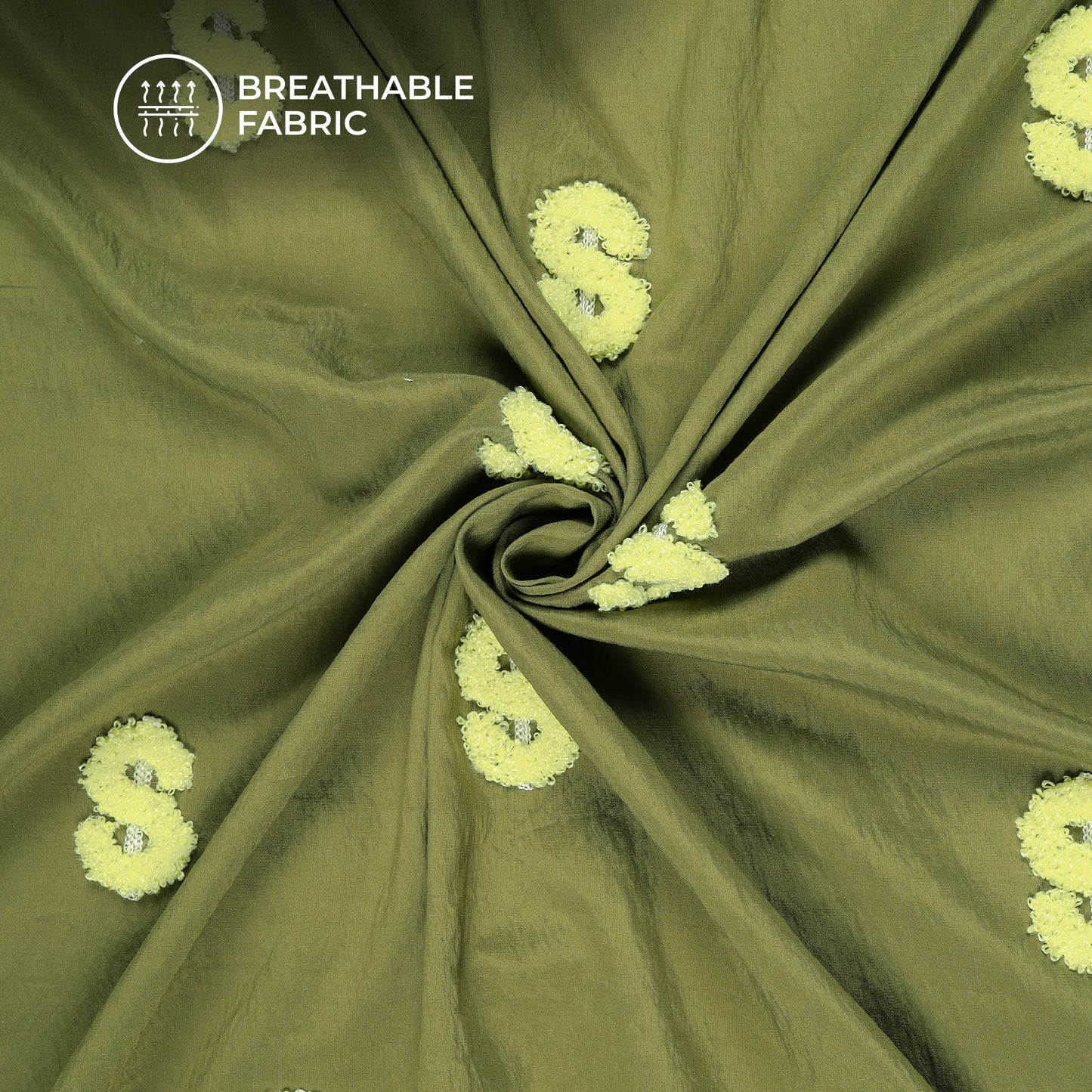 Exclusive Mehndi Green Tufted Embroidery Work Viscose Nylon Fabric